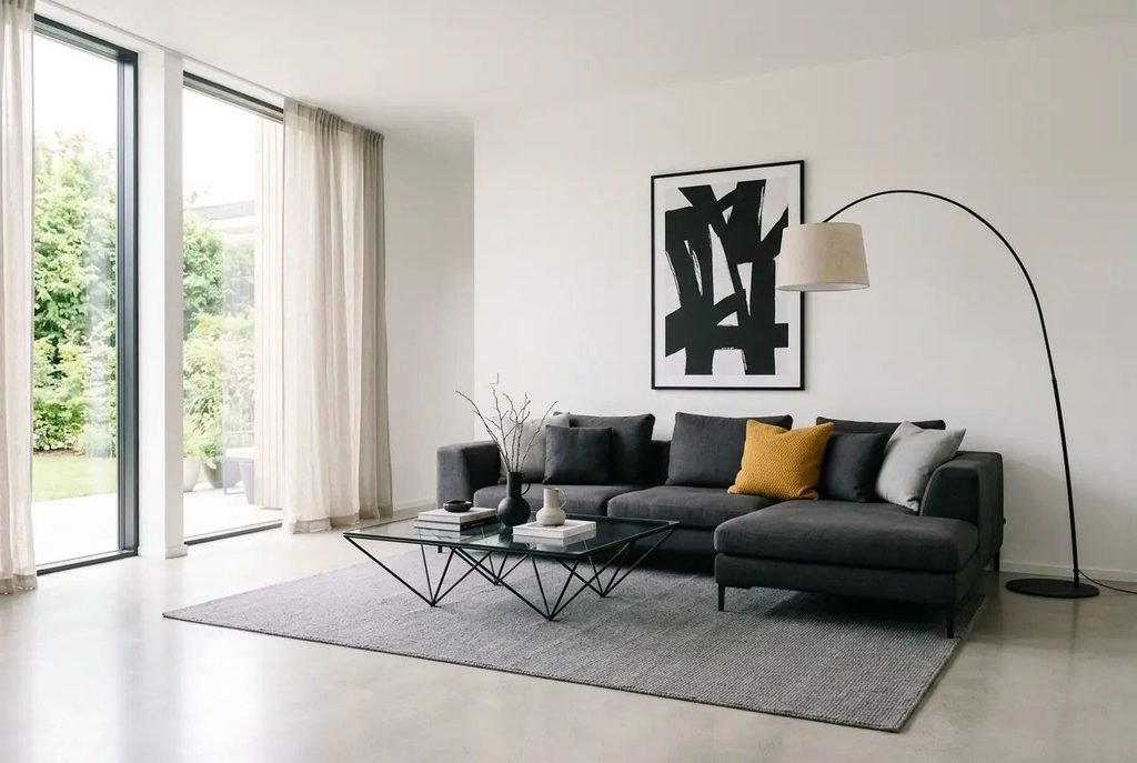 Modern living room with charcoal sectional sofa, glass coffee table, and black-and-white abstract wall art