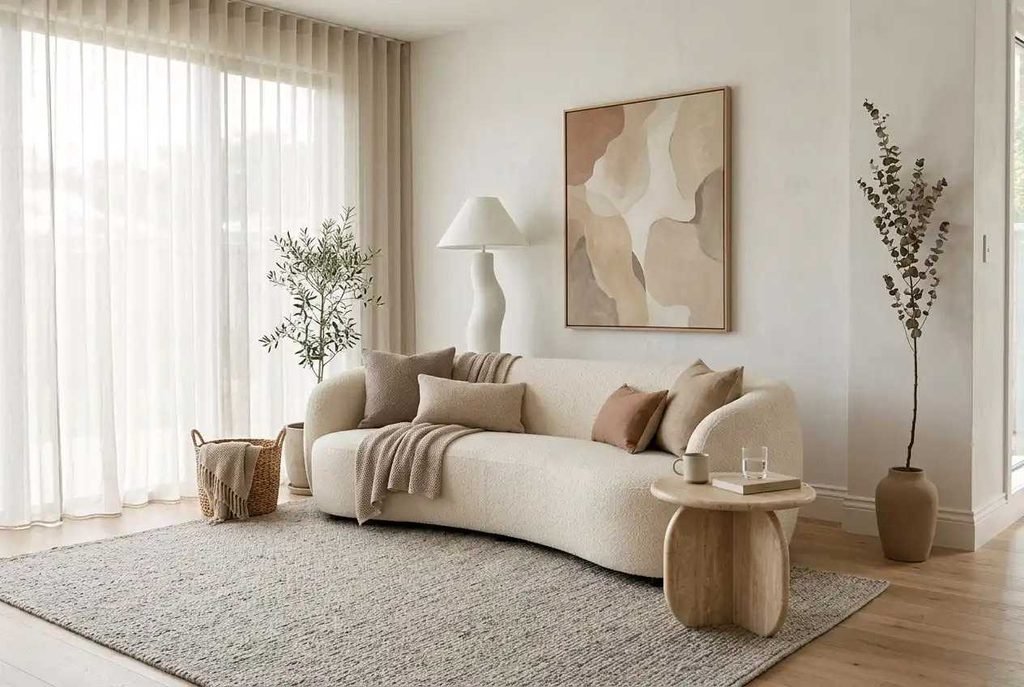 Contemporary living room with curved cream bouclé sofa, travertine side table, and warm neutral decor