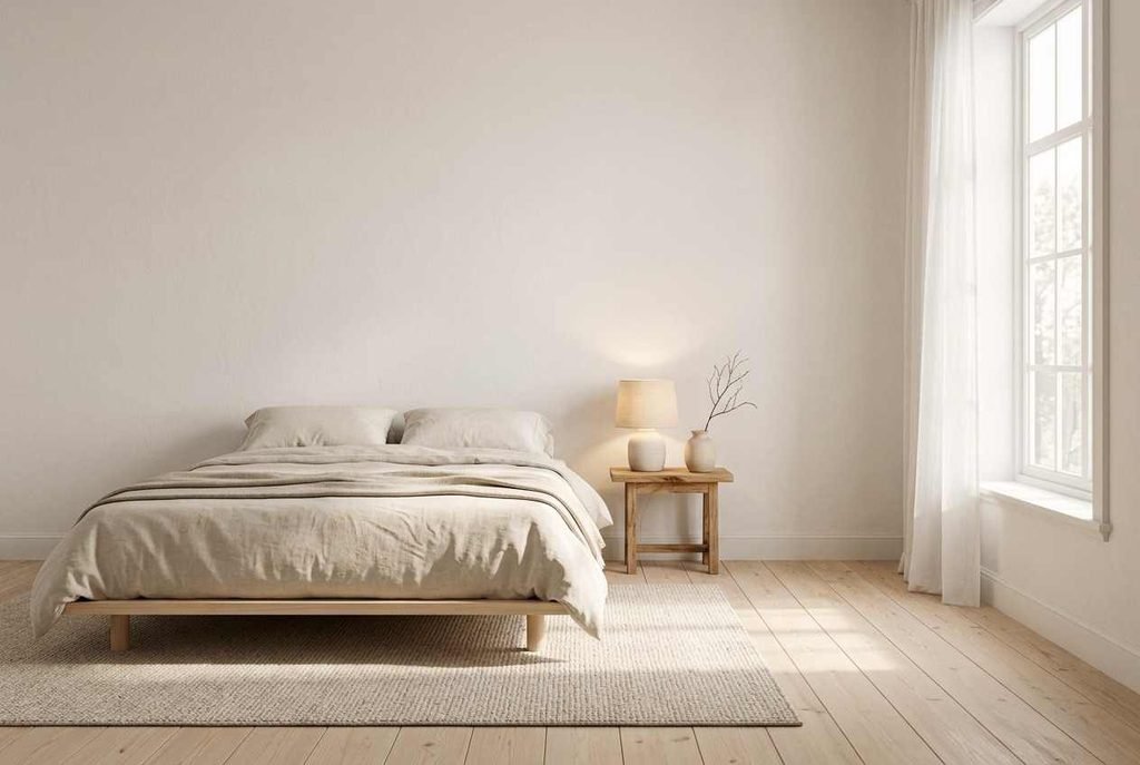 Minimalist bedroom with low platform bed, oatmeal linen bedding, wooden nightstand, and neutral decor