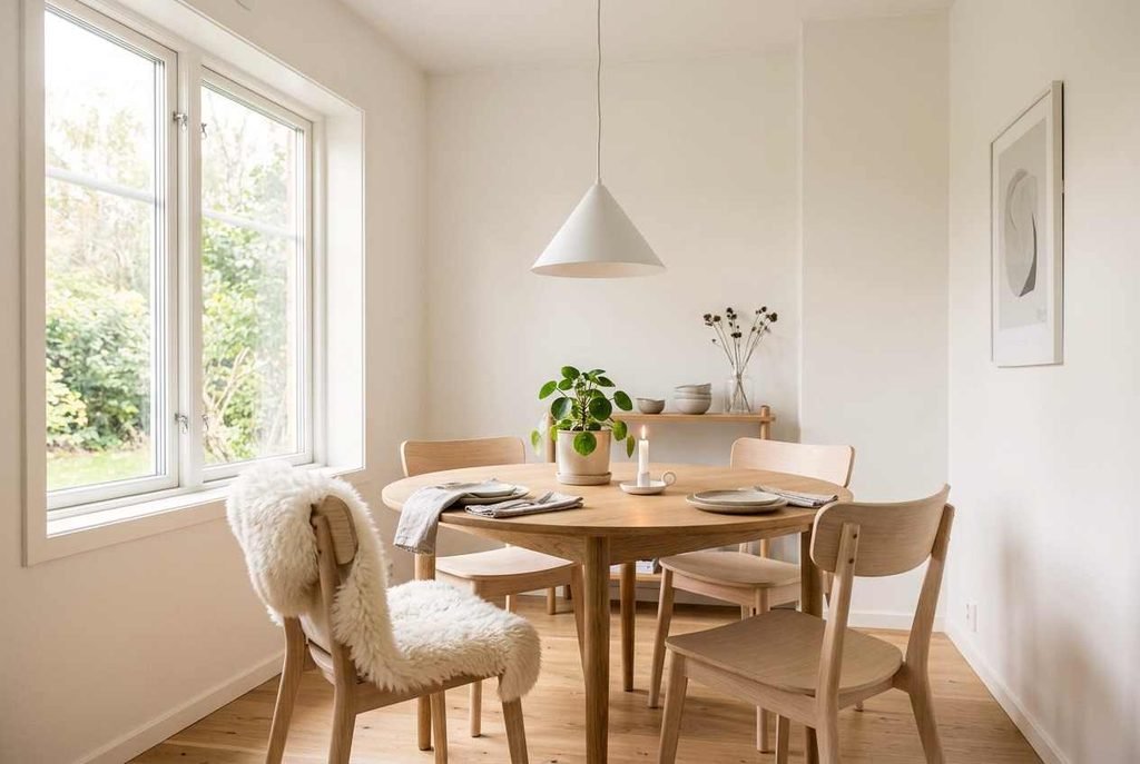 Scandinavian dining nook with light oak table, pale wood chairs, white pendant light, and cozy neutral decor